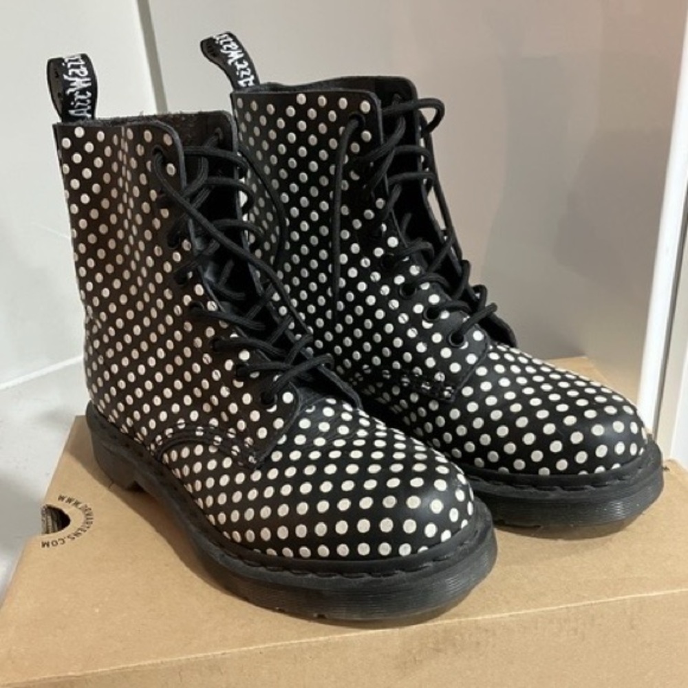 Dr. Martens Black and White Polka Dot 8 holes softy T dot flock